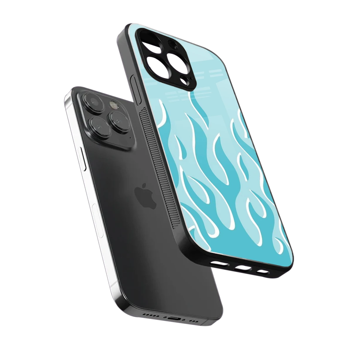 Y2K Retro Blue Flames sleek iphone 13 pro cover with tempered glass back and TPU edges