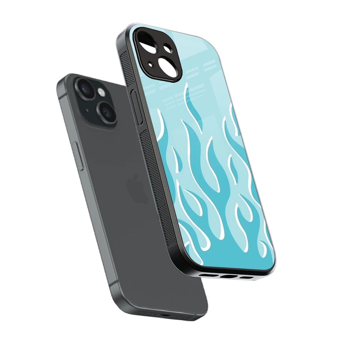Y2K Retro Blue Flames sleek iphone 13 cover with tempered glass back and TPU edges