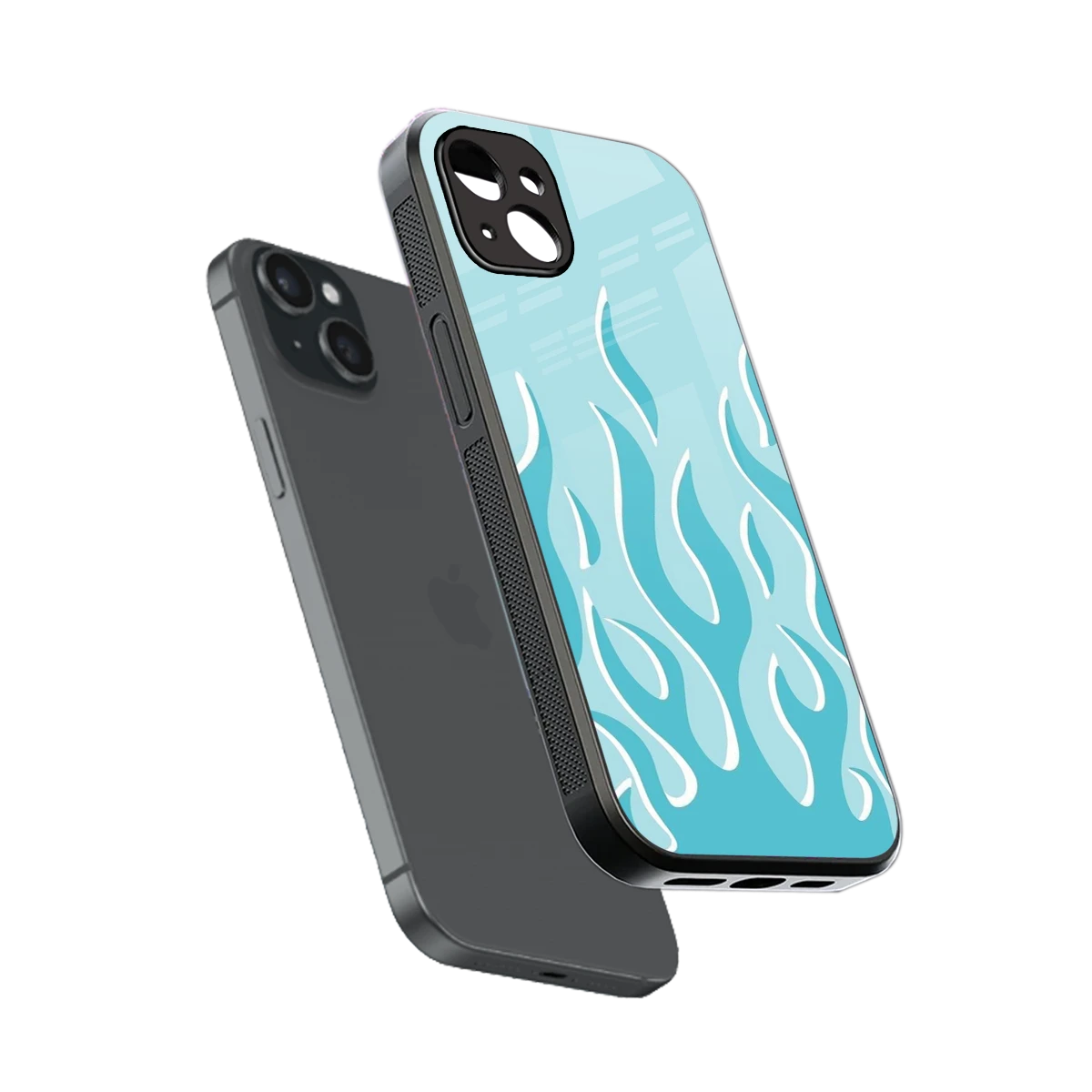 Y2K Retro Blue Flames sleek iphone 14 plus cover with tempered glass back and TPU edges