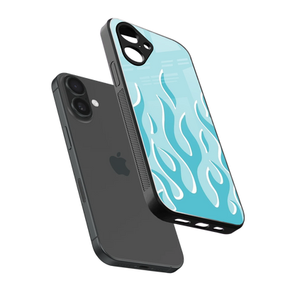Y2K Retro Blue Flames sleek iPhone 16 cover with tempered glass back and TPU edges