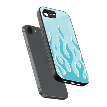 Y2K Retro Blue Flames sleek iphone 16e cover with tempered glass back and TPU edges