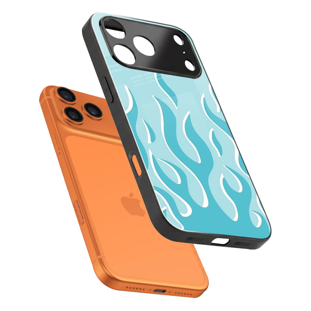Y2K Retro Blue Flames sleek iphone 17 pro max cover with tempered glass back and TPU edges