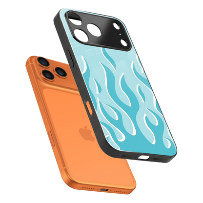 Y2K Retro Blue Flames sleek iphone 17 pro max cover with tempered glass back and TPU edges