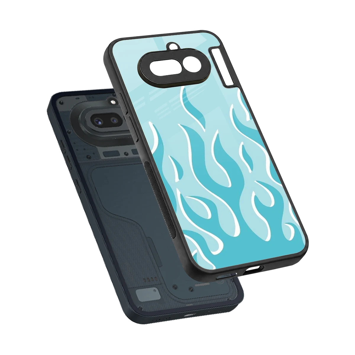 Y2K Retro Blue Flames sleek nothing phone 4a cover with tempered glass back and TPU edges