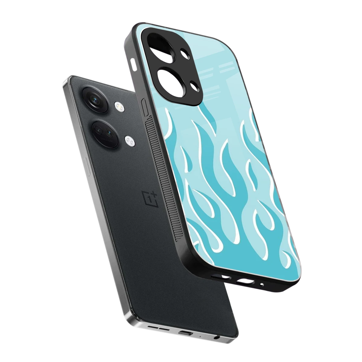 Y2K Retro Blue Flames sleek oneplus nord 3 cover with tempered glass back and TPU edges