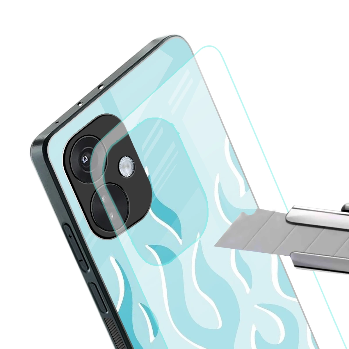 Y2K Retro Blue Flames stylish phone case for oneplus nord ce 3 | glossy glass and slim fit