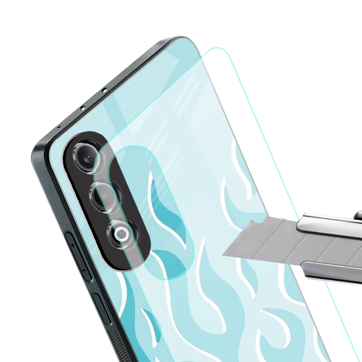 Y2K Retro Blue Flames stylish phone case for oneplus nord ce 4 | glossy glass and slim fit