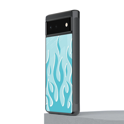 Y2K Retro Blue Flames stylish phone case for google pixel 6a | glossy glass and slim fit