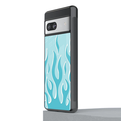 Y2K Retro Blue Flames stylish phone case for google pixel 7a | glossy glass and slim fit
