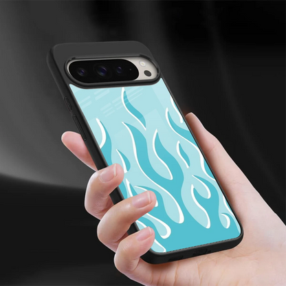 Y2K Retro Blue Flames sleek google pixel 9 pro xl cover with tempered glass back and TPU edges
