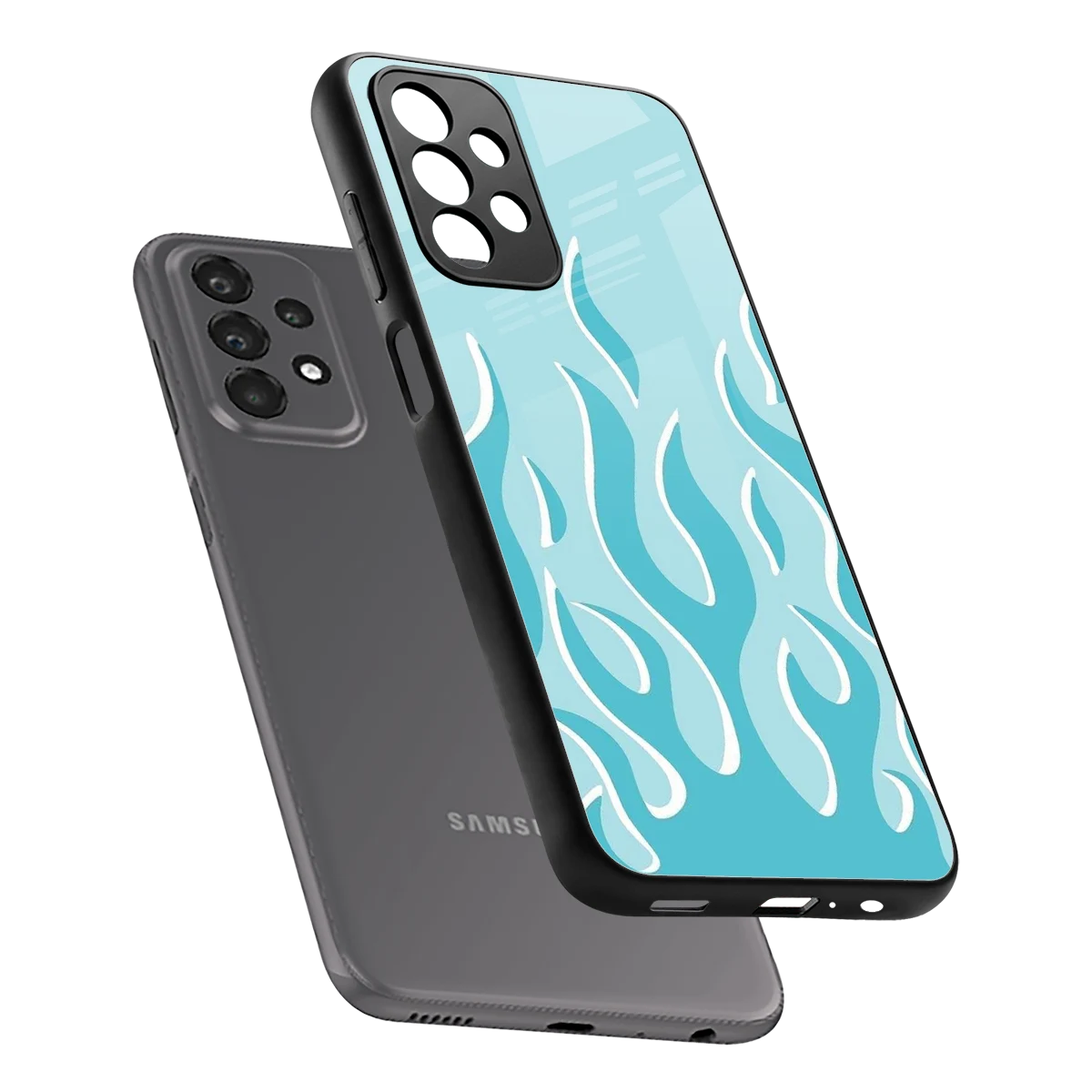 Y2K Retro Blue Flames sleek samsung galaxy a23 cover with tempered glass back and TPU edges
