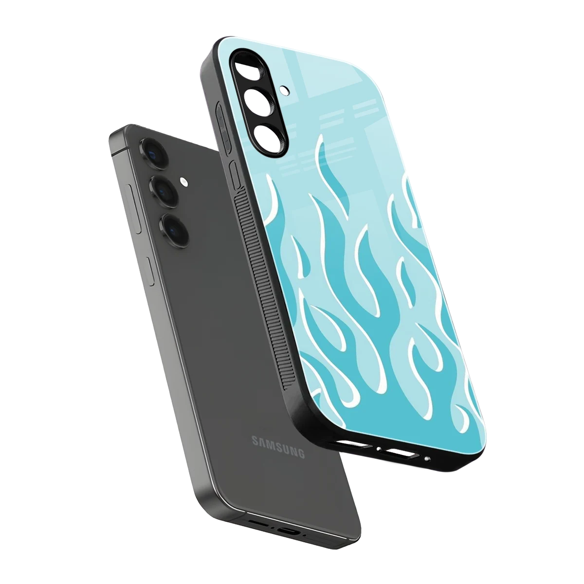 Y2K Retro Blue Flames sleek samsung galaxy m35 5g cover with tempered glass back and TPU edges