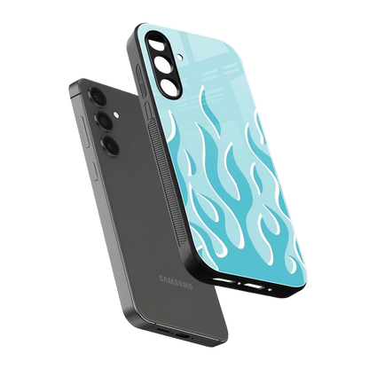 Y2K Retro Blue Flames sleek samsung galaxy m35 5g cover with tempered glass back and TPU edges