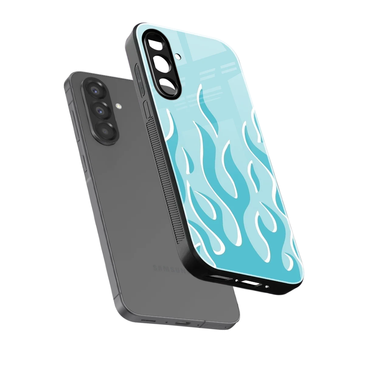 Y2K Retro Blue Flames sleek samsung galaxy a37 5g cover with tempered glass back and TPU edges