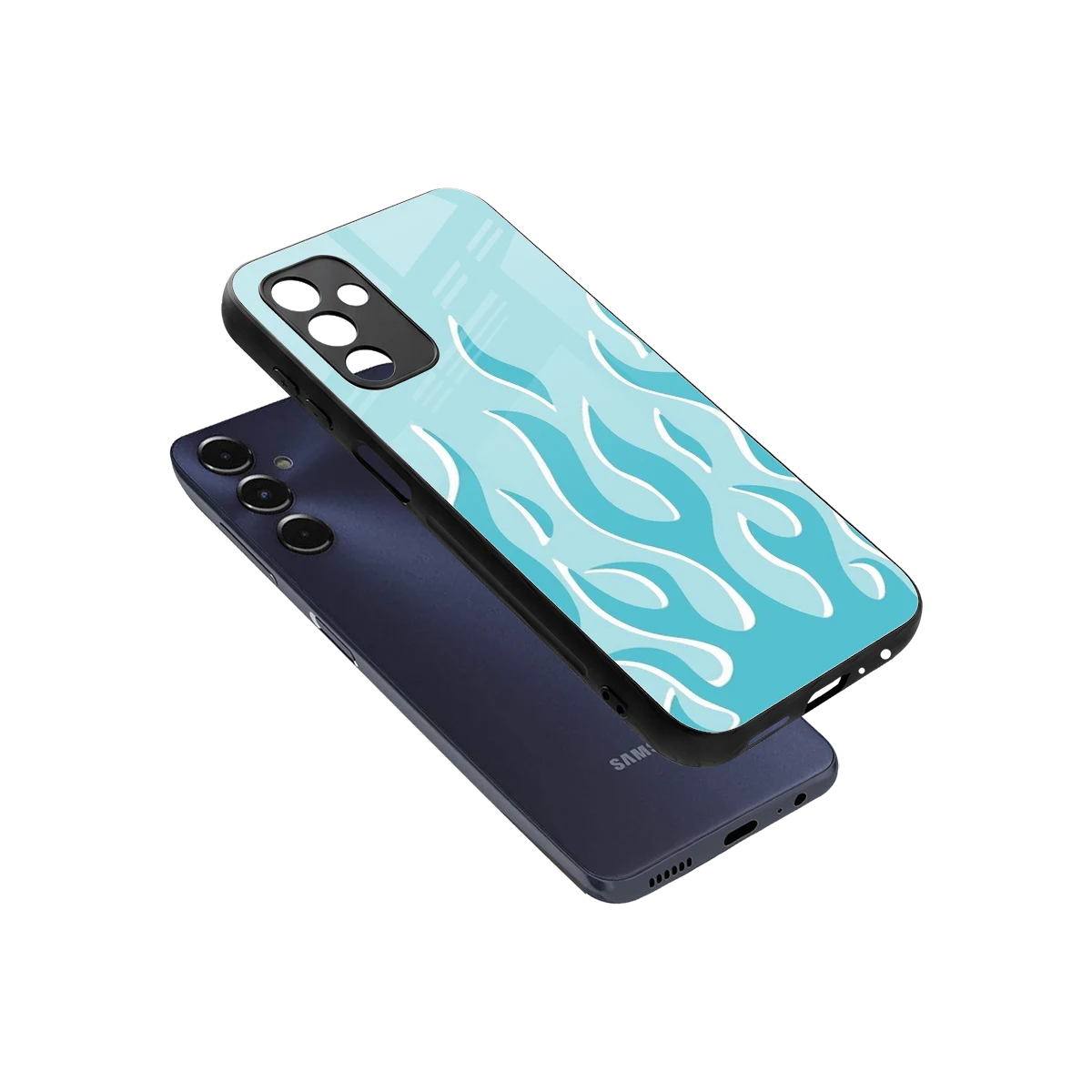 Y2K Retro Blue Flames sleek samsung galaxy m14 5g cover with tempered glass back and TPU edges