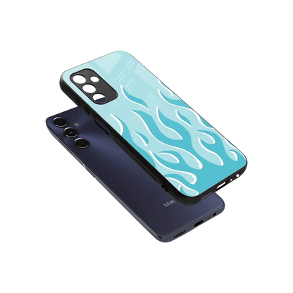 Y2K Retro Blue Flames sleek samsung galaxy m14 5g cover with tempered glass back and TPU edges