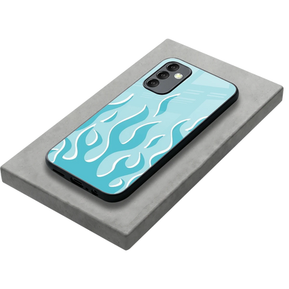Y2K Retro Blue Flames stylish phone case for samsung galaxy m14 5g | glossy glass and slim fit
