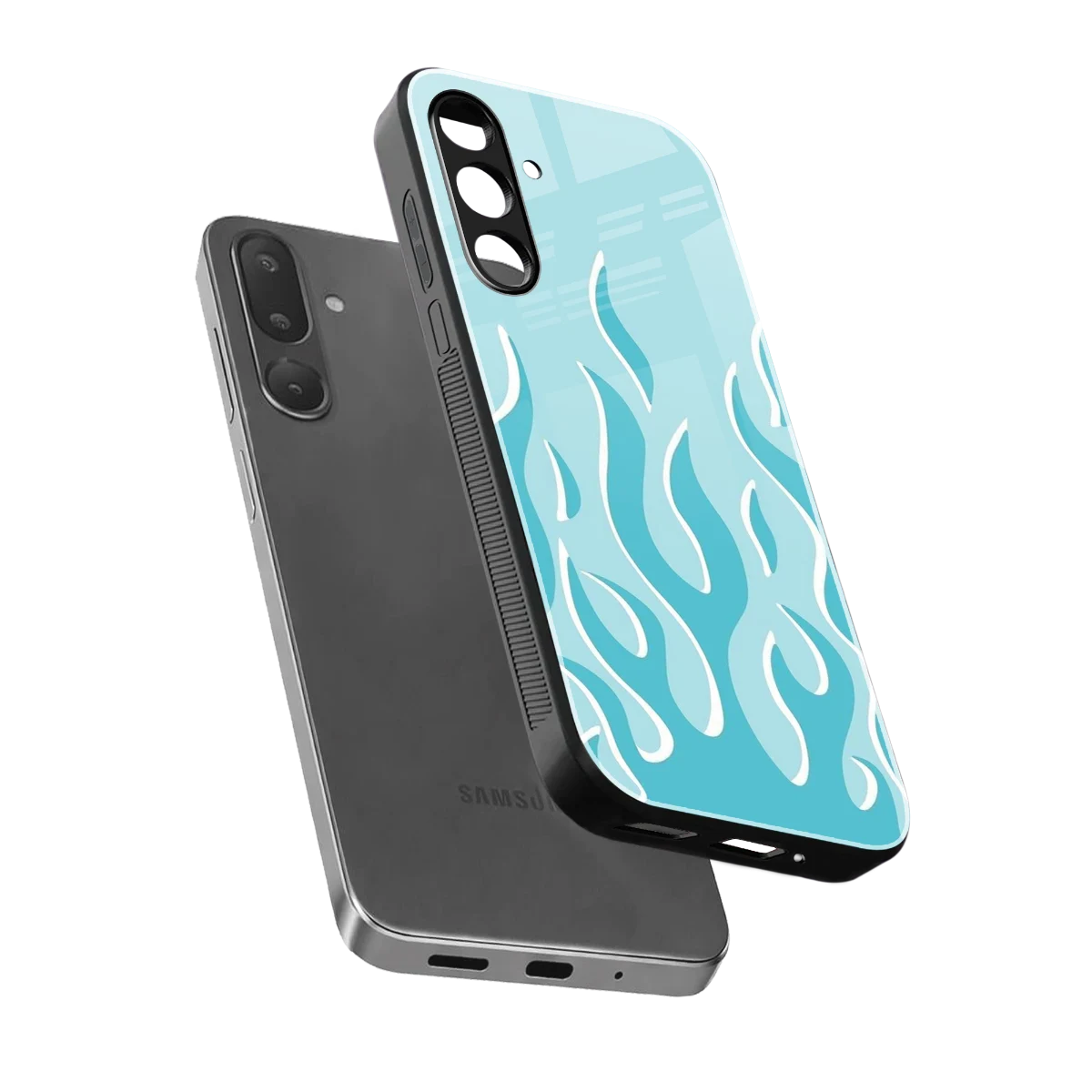 Y2K Retro Blue Flames sleek samsung galaxy m36 5g cover with tempered glass back and TPU edges