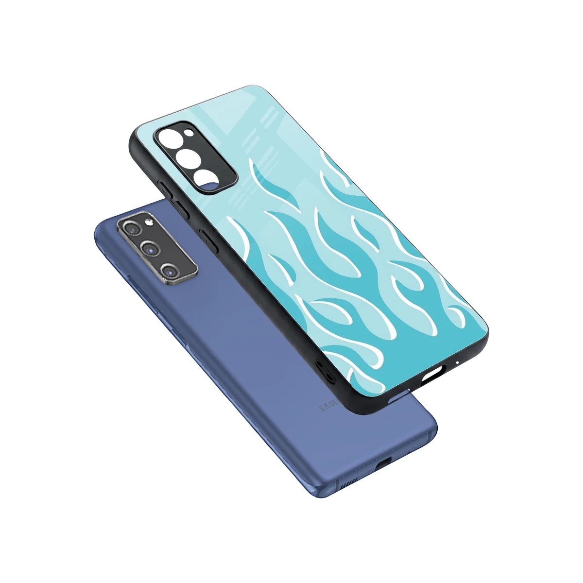 Y2K Retro Blue Flames sleek samsung galaxy s20 fe cover with tempered glass back and TPU edges
