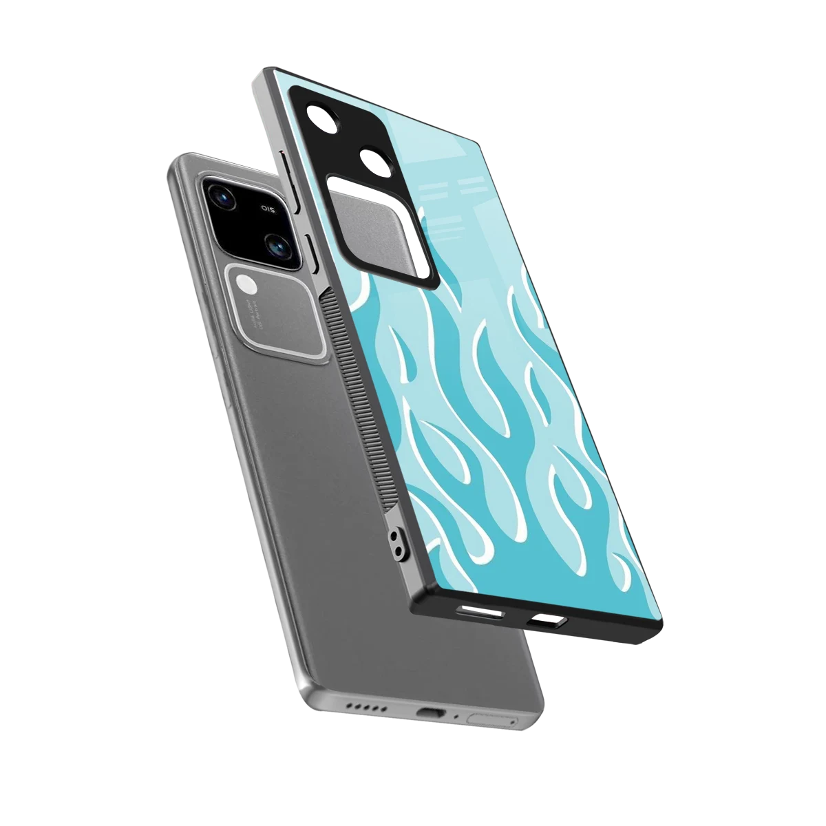 Y2K Retro Blue Flames sleek vivo v30 cover with tempered glass back and TPU edges