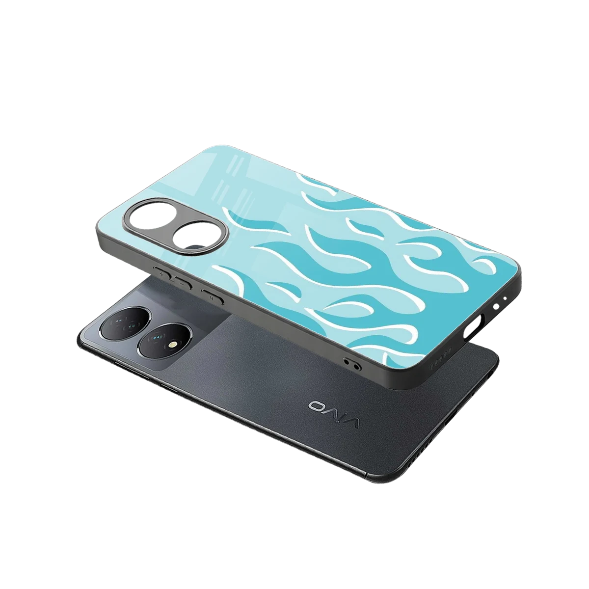 Y2K Retro Blue Flames sleek Vivo-y100 cover with tempered glass back and TPU edges