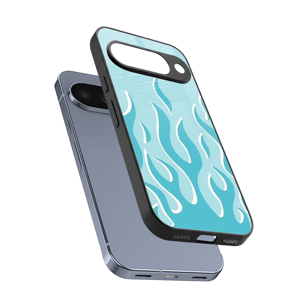 Y2K Retro Blue Flames sleek google pixel 10 cover with tempered glass back and TPU edges