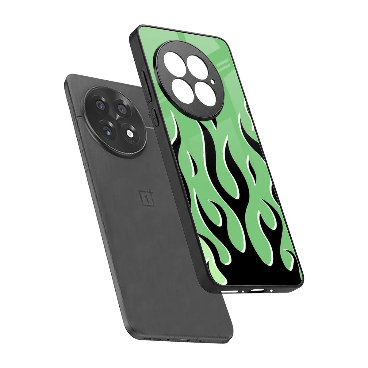 Y2K Retro Green Flames sleek oneplus 13 cover with tempered glass back and TPU edges