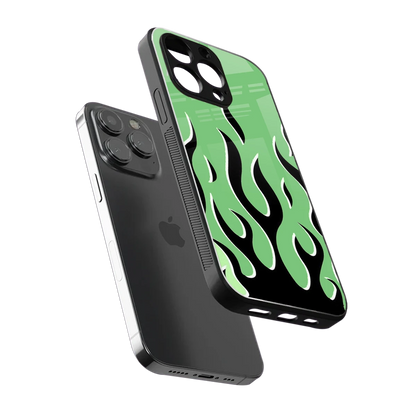 Y2K Retro Green Flames sleek iphone 14 pro max cover with tempered glass back and TPU edges