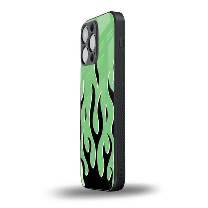 Y2K Retro Green Flames iphone 14 pro max mobile cover | shockproof glass phone case