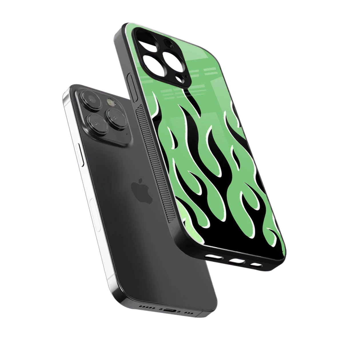Y2K Retro Green Flames sleek iphone 14 pro cover with tempered glass back and TPU edges