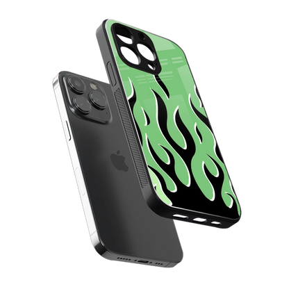 Y2K Retro Green Flames sleek iphone 14 pro cover with tempered glass back and TPU edges