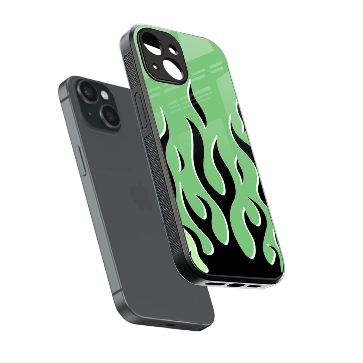 Y2K Retro Green Flames sleek iphone 14 cover with tempered glass back and TPU edges