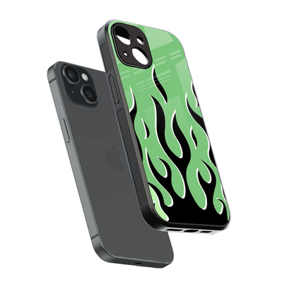 Y2K Retro Green Flames sleek iphone 14 cover with tempered glass back and TPU edges