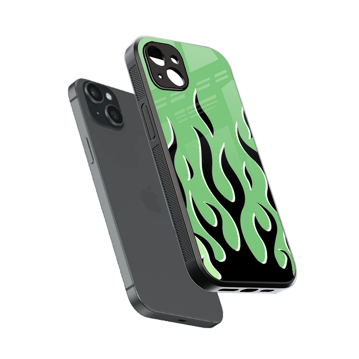 Y2K Retro Green Flames sleek iphone 15 plus cover with tempered glass back and TPU edges