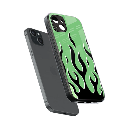Y2K Retro Green Flames sleek iphone 14 plus cover with tempered glass back and TPU edges