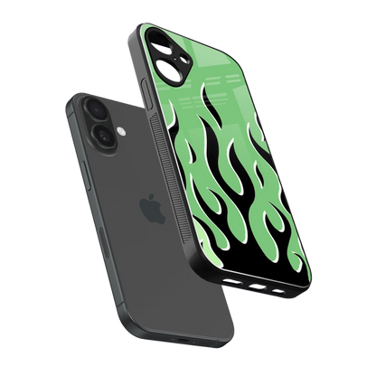 Y2K Retro Green Flames sleek iphone 16 plus cover with tempered glass back and TPU edges