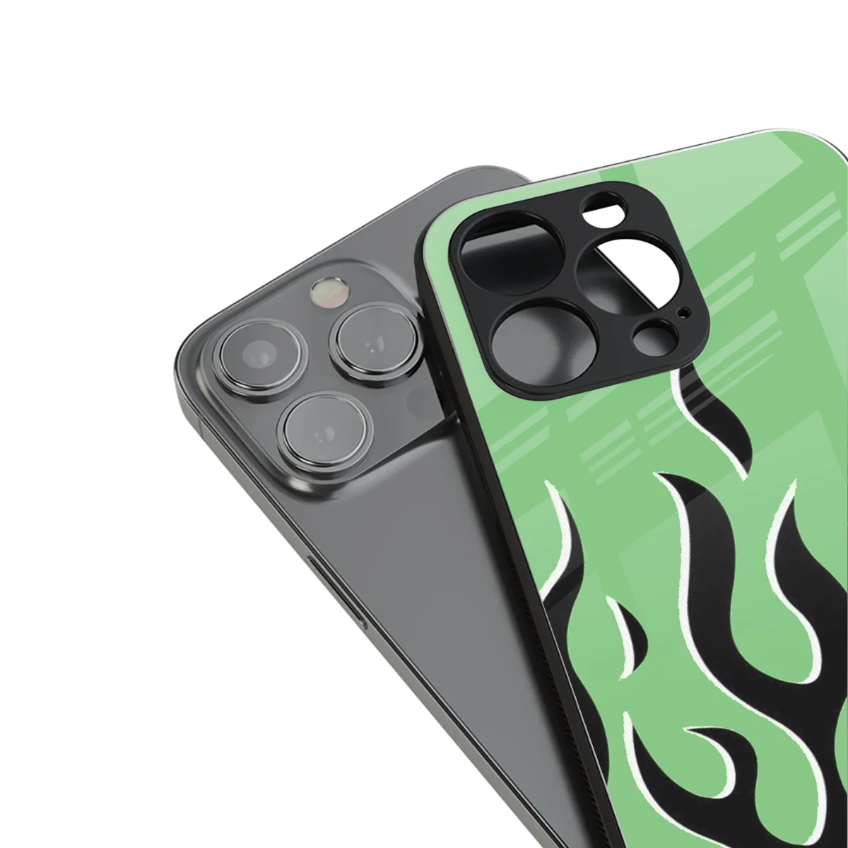 Y2K Retro Green Flames stylish phone case for iPhone 16 | glossy glass and slim fit