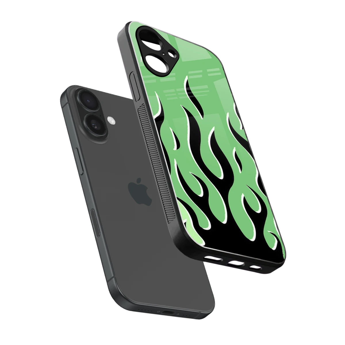 Y2K Retro Green Flames sleek iPhone 16 cover with tempered glass back and TPU edges
