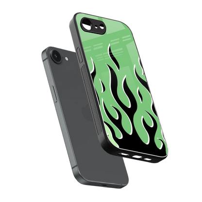 Y2K Retro Green Flames sleek iphone 16e cover with tempered glass back and TPU edges