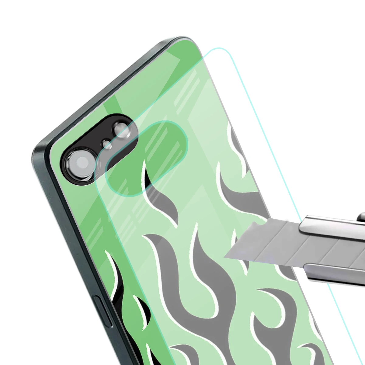 Y2K Retro Green Flames stylish phone case for iphone 17e | glossy glass and slim fit