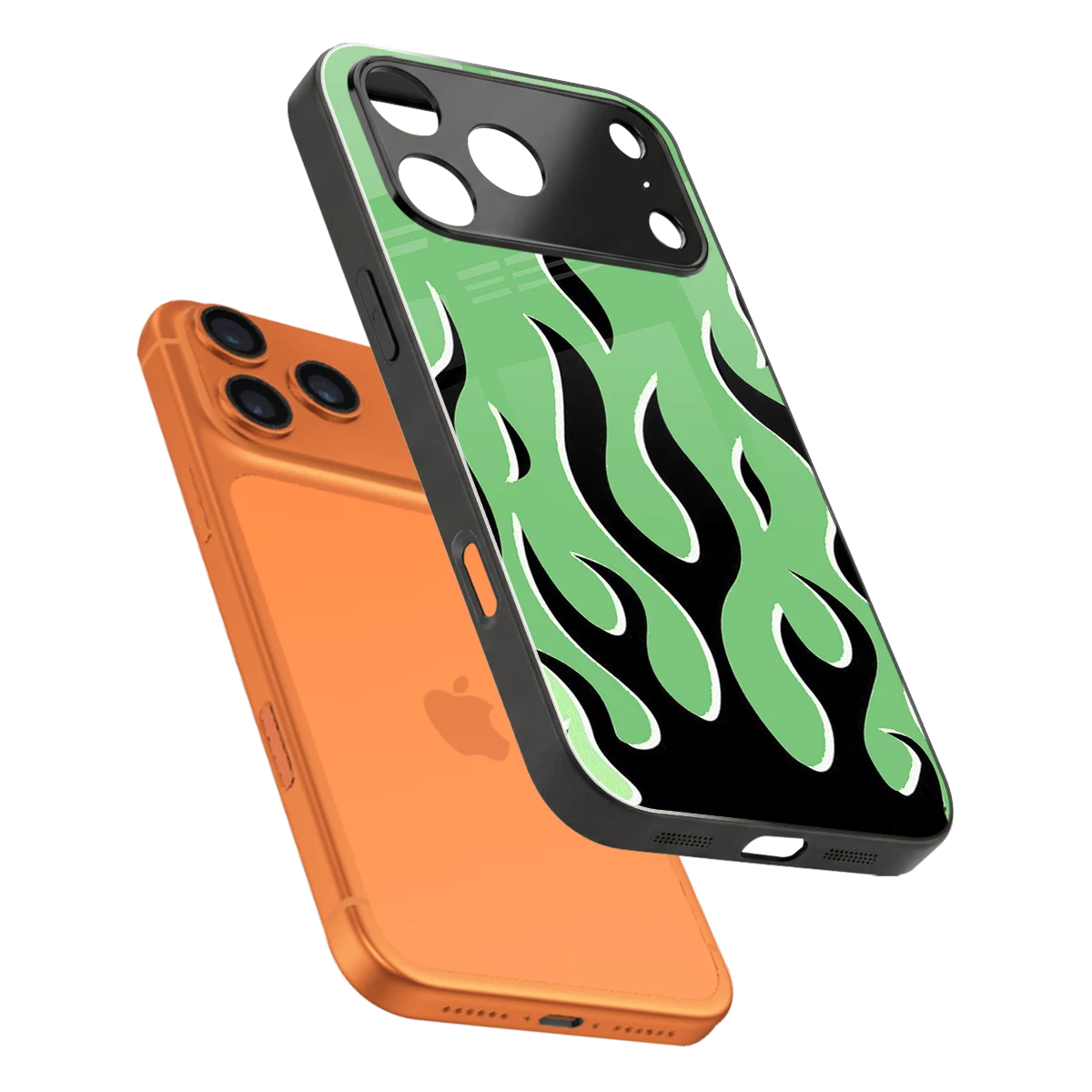 Y2K Retro Green Flames sleek iphone 17 pro cover with tempered glass back and TPU edges