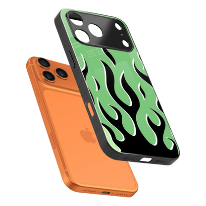 Y2K Retro Green Flames sleek iphone 17 pro cover with tempered glass back and TPU edges