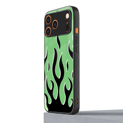 Y2K Retro Green Flames iphone 17 pro mobile cover | shockproof glass phone case