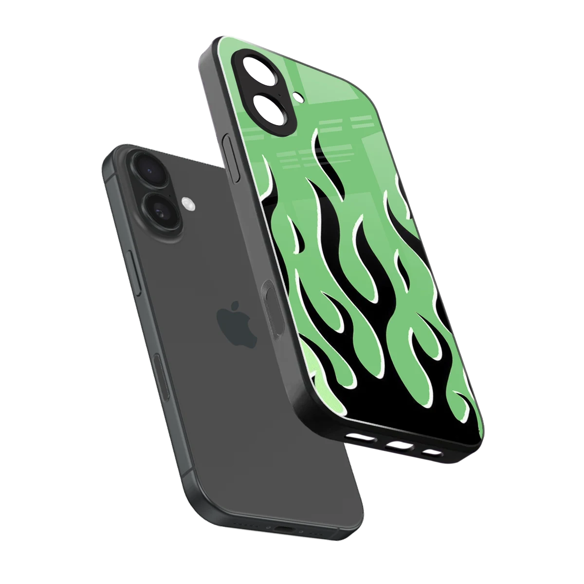 Y2K Retro Green Flames sleek iphone 17 cover with tempered glass back and TPU edges