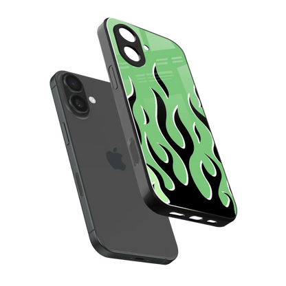 Y2K Retro Green Flames sleek iphone 17 cover with tempered glass back and TPU edges
