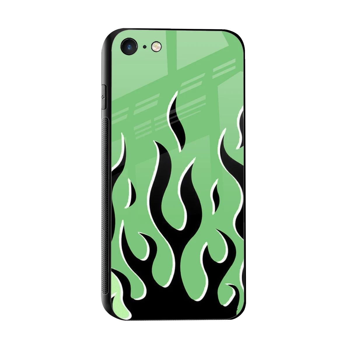 Y2K Retro Green Flames sleek iphone 7 cover with tempered glass back and TPU edges
