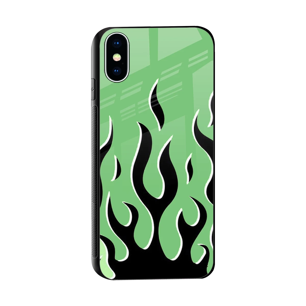Y2K Retro Green Flames sleek iphone xs cover with tempered glass back and TPU edges