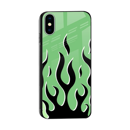 Y2K Retro Green Flames sleek iphone xs cover with tempered glass back and TPU edges