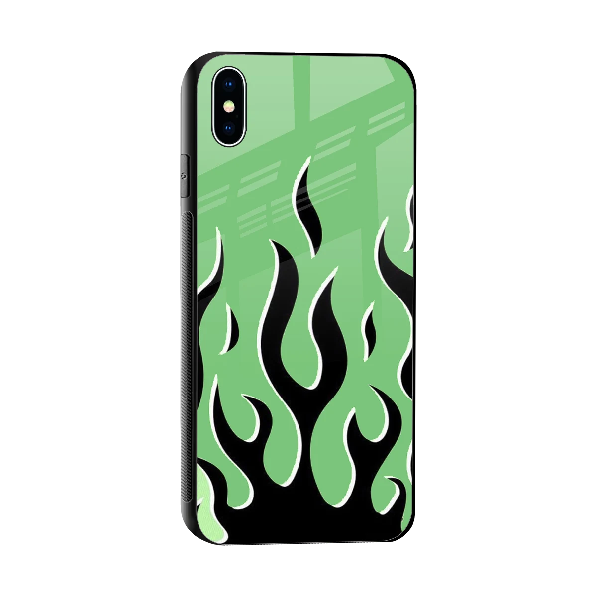 Y2K Retro Green Flames sleek iphone xs max cover with tempered glass back and TPU edges