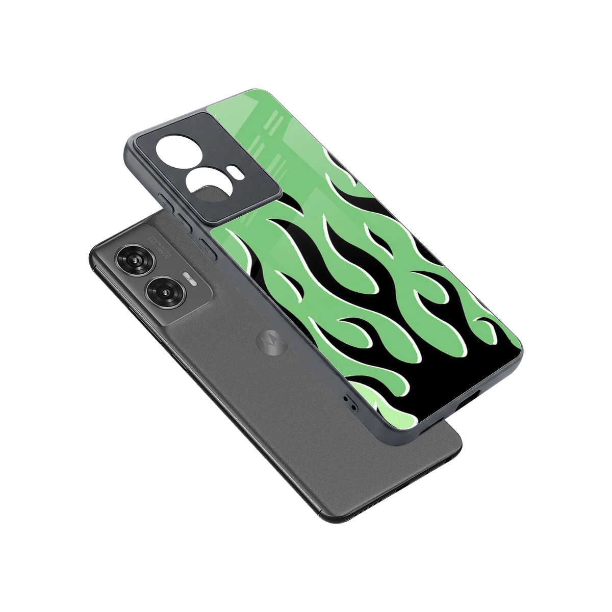 Y2K Retro Green Flames sleek motorola edge 50 fusion cover with tempered glass back and TPU edges